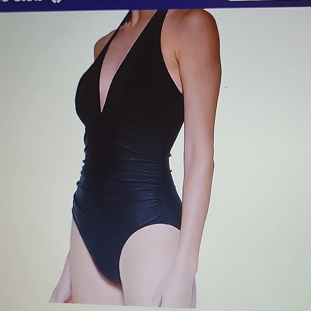 DKNY one piece Black halter shirred waist swimsuit moderate coverage Medium NEW… - Picture 3 of 8